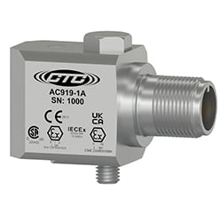 A stainless steel AC919 side exit accelerometer engraved with the CTC Line logo, part number, serial number, and hazardous certification logos.